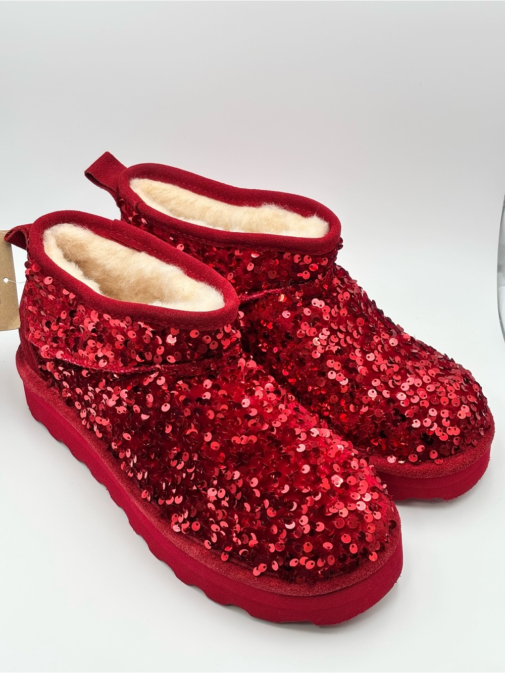BearPaw Red Sequin Shearling-Lined Ankle Booties Size 9W